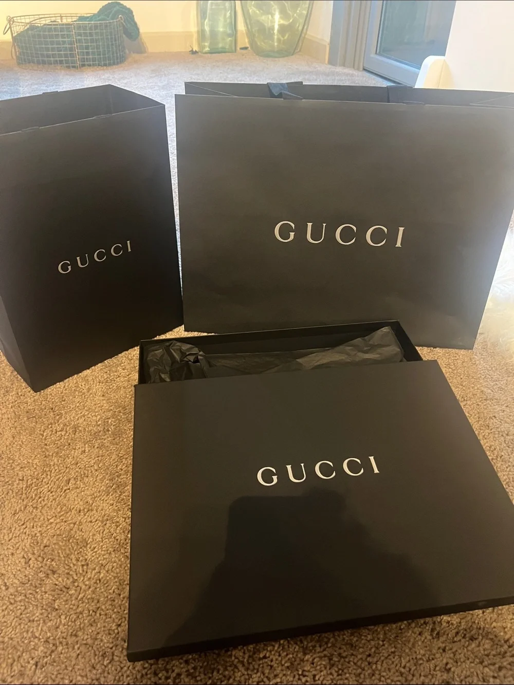 Gucci Black Branded Shopping Bags and Box